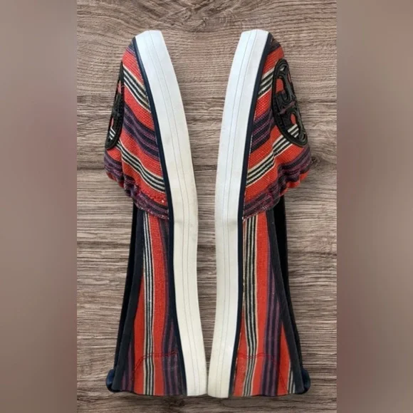 Tory Burch Raymond Canvas Flats Black Patent Logo Slip Ons Red White Blue Size 8 - Picture 7 of 13